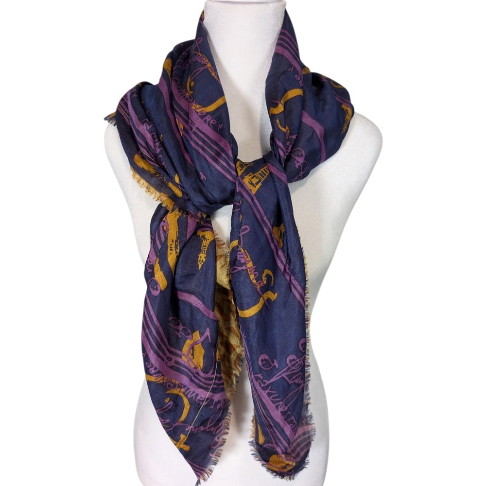 Le Phare de la Baleine Silk Scarf Navy Gold Nautical Palm Leaf 39"